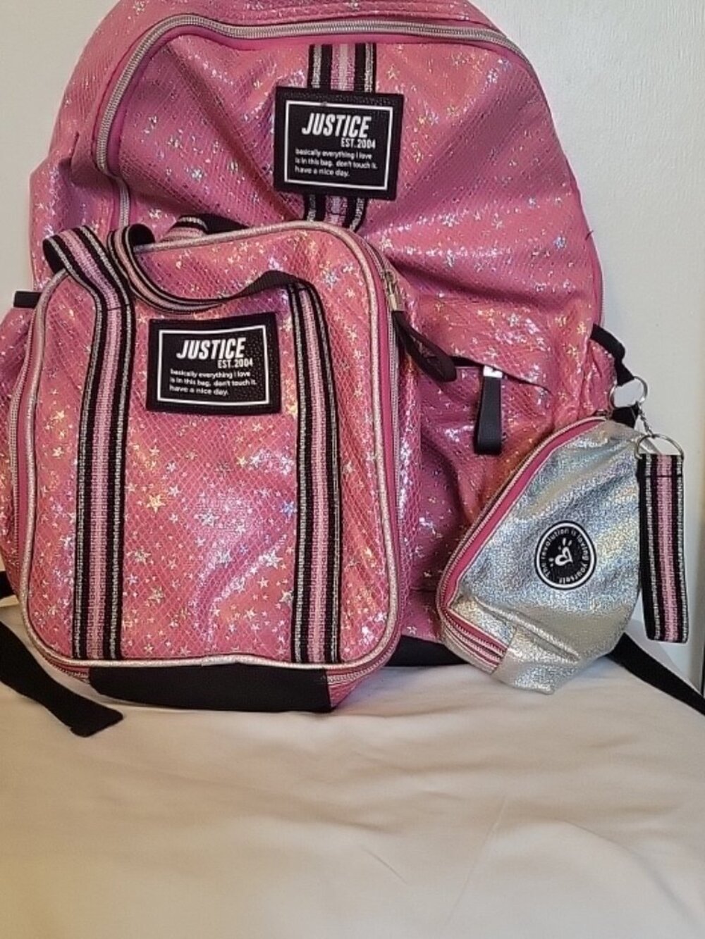 Justice pink glitter star backpack set, lunch bag, silver pencil  pouch keychain